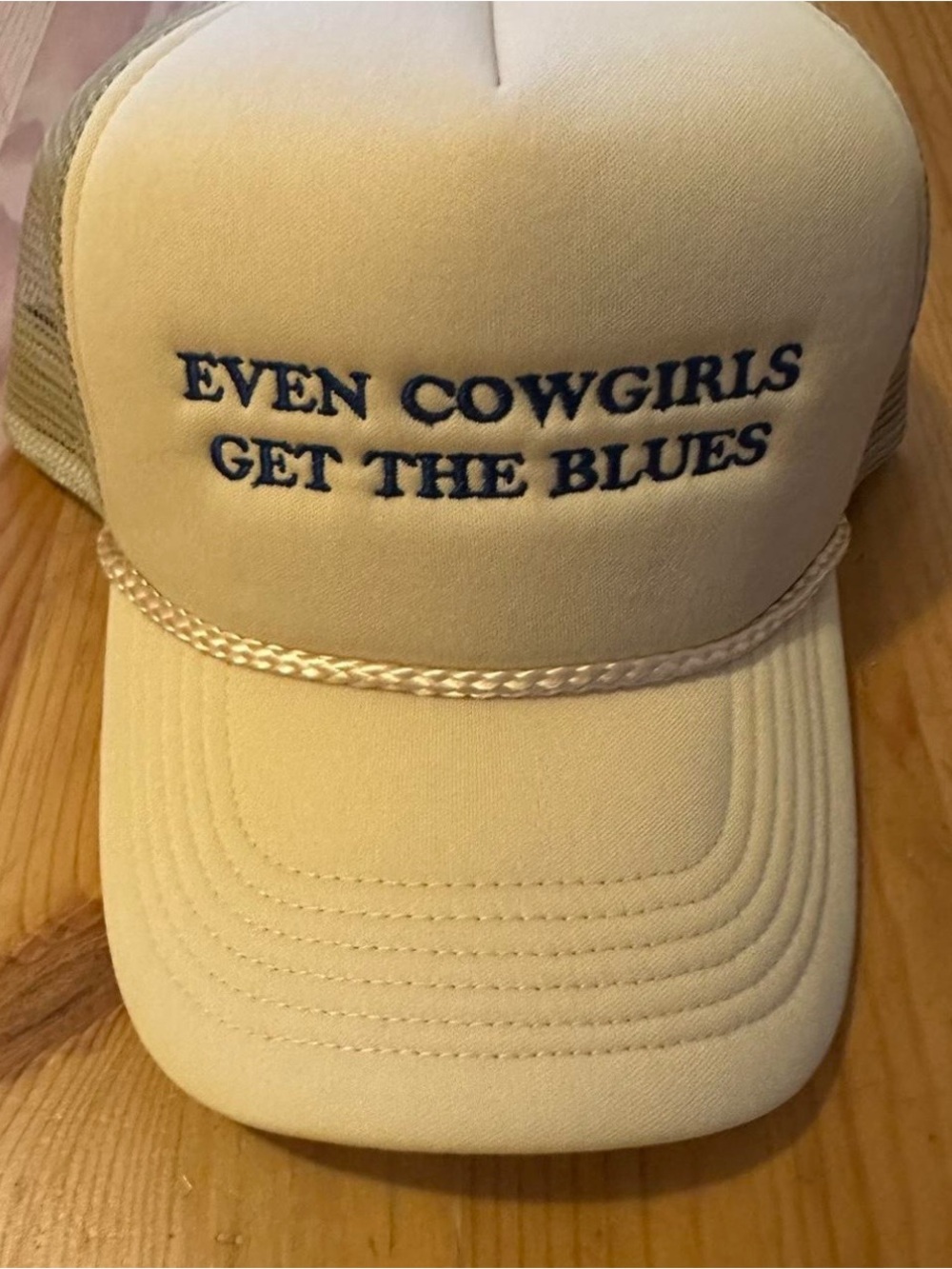 Women’s Cream Trucker Hat with Blue Embroidery - "Even Cowgirls Get The Blues"